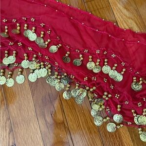 Red Belly Dance Hip Scarf with Gold Coins